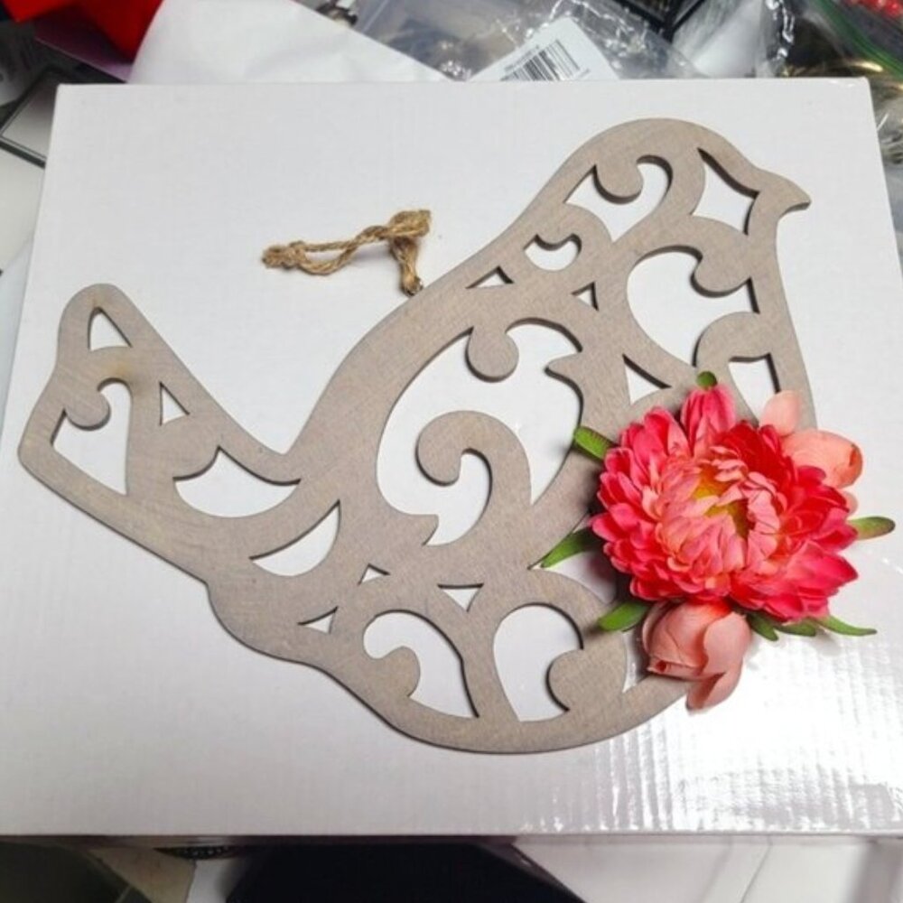 Wooden Lasercut Filigree Floral Bird Hanging Wood Sign Spring Bird Decor